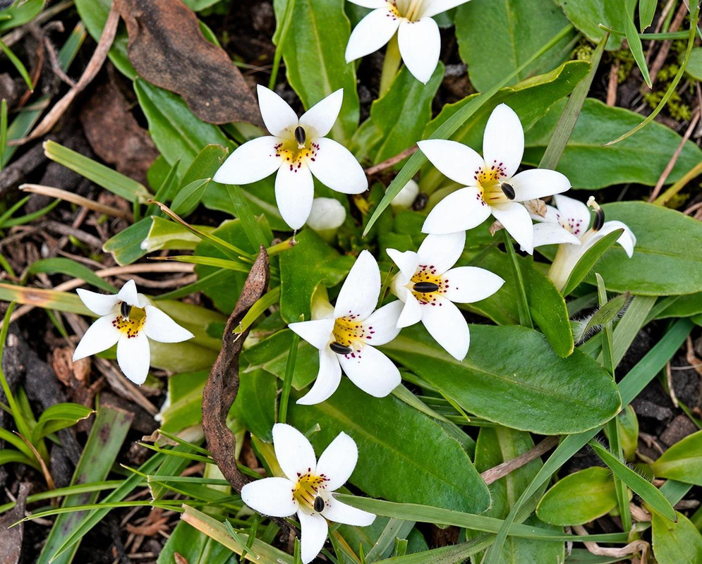 White star-shaped Lysipomia laciniata flowers with yellow-brown centres open close to the ground