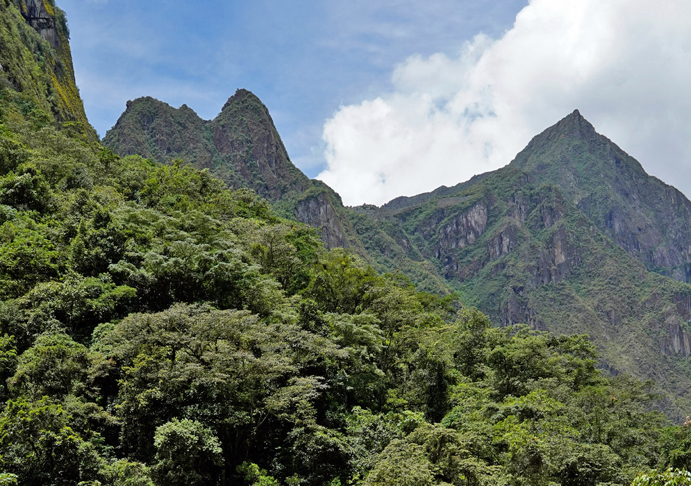 Machu Picchu Andes Mountains Steep, forested mountains near Machu Picchu rise above dense cloud forest, showcasing the dramatic Andean peaks of southeastern Peru at elevations over 7,500 feet
