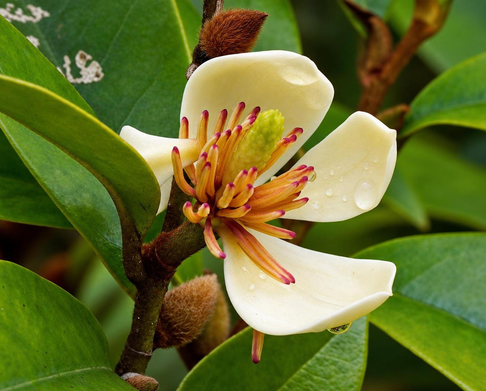 A creamy yellow Magnolia figo flower has red-edged segments around reddish stamens