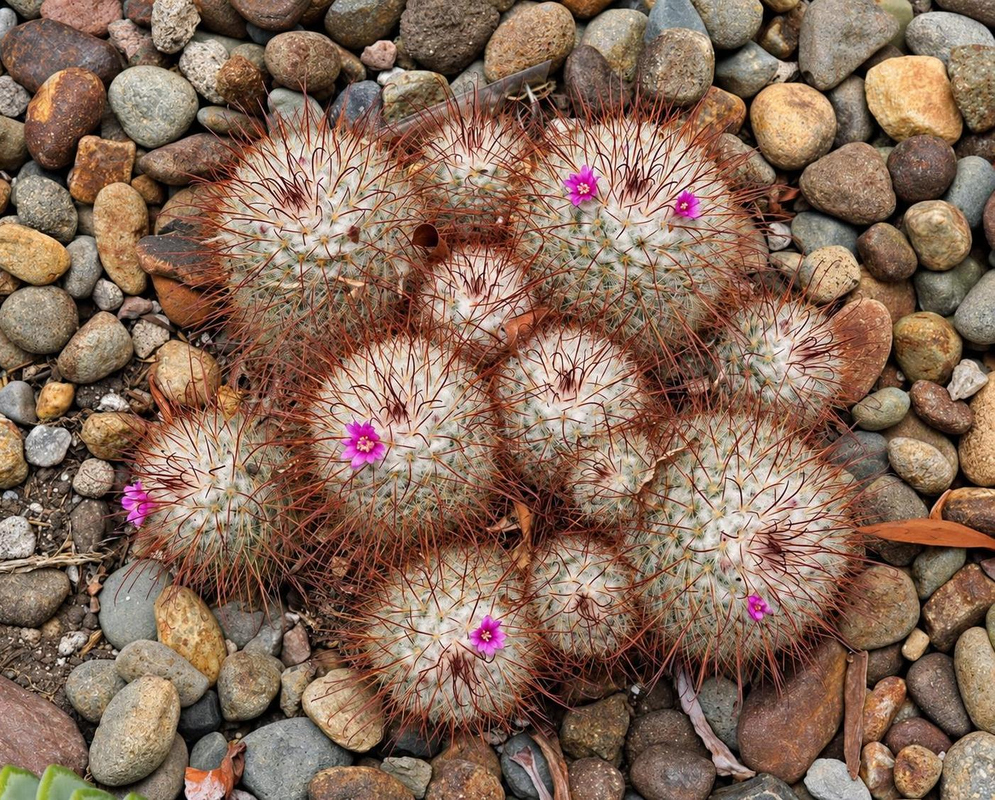 Small pink Mammillaria bombycina flowers appear among white hairs and brown spines on clustered rounded stems