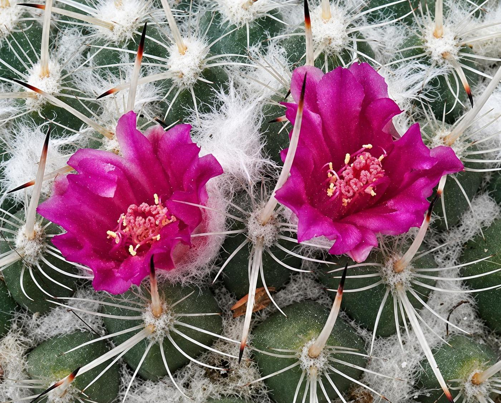 Deep pink Mammillaria geminispina flowers open among long white spines and fine white hairs