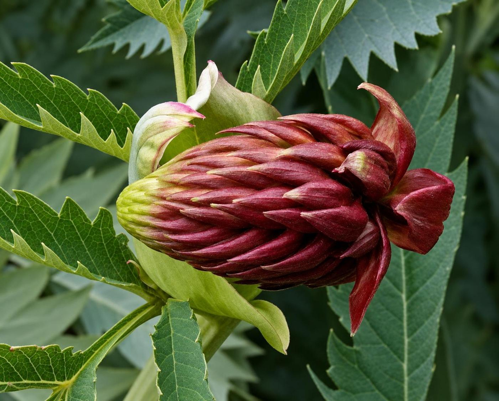 A dark reddish-brown Melianthus major flower cluster rises beside sharply toothed blue-green leaves