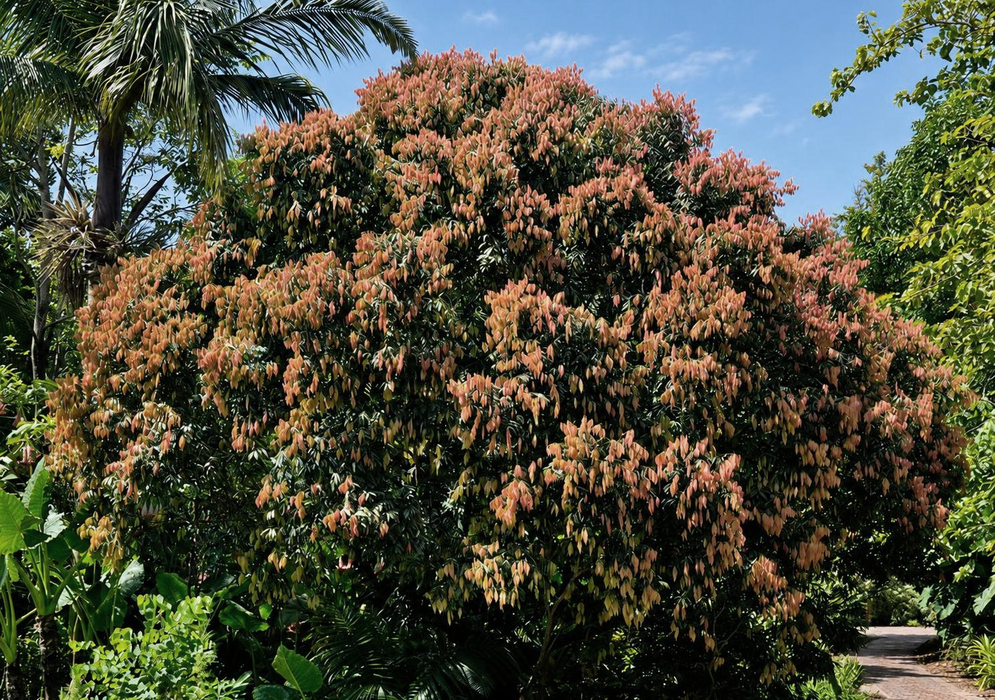 A broad Mesua ferrea tree is covered with reddish-pink new growth above its green lower canopy