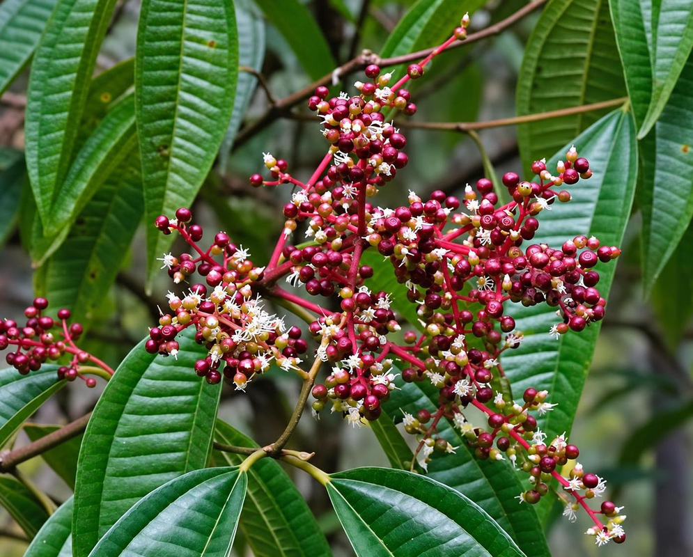 Tiny pale Miconia affinis flowers and red rounded buds form a branching cluster among strongly veined green leaves