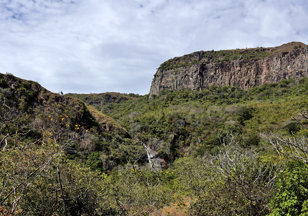 Steep rocky cliff surrounded by green dry forest vegetation under a partly cloudy sky in Moisés Ortiz Reserve, Panama