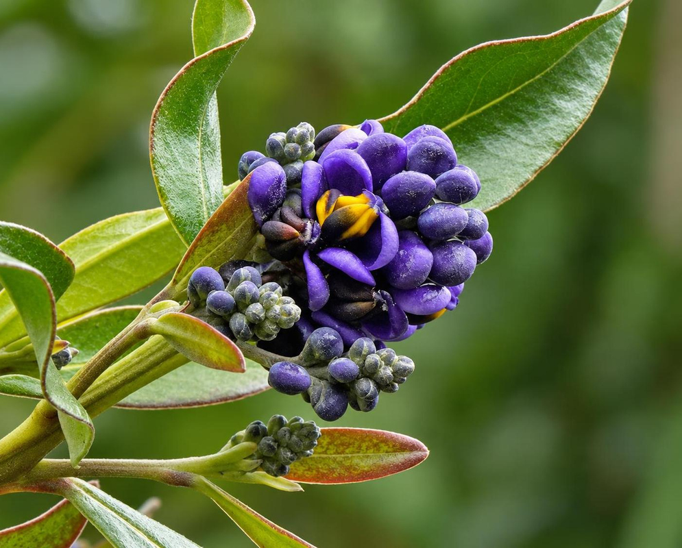 Deep purple Monnina crassifolia flowers with yellow centres open among tight rounded purple buds