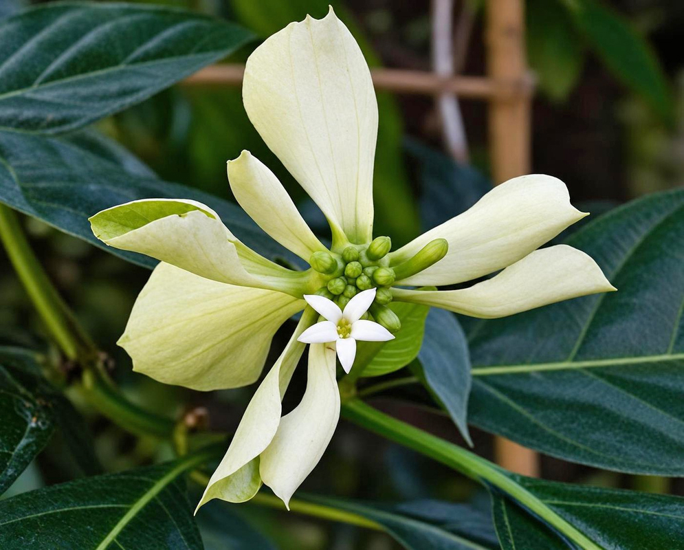 Broad cream-white calyx lobes surround a small white star-shaped Morinda latibractea flower and green buds