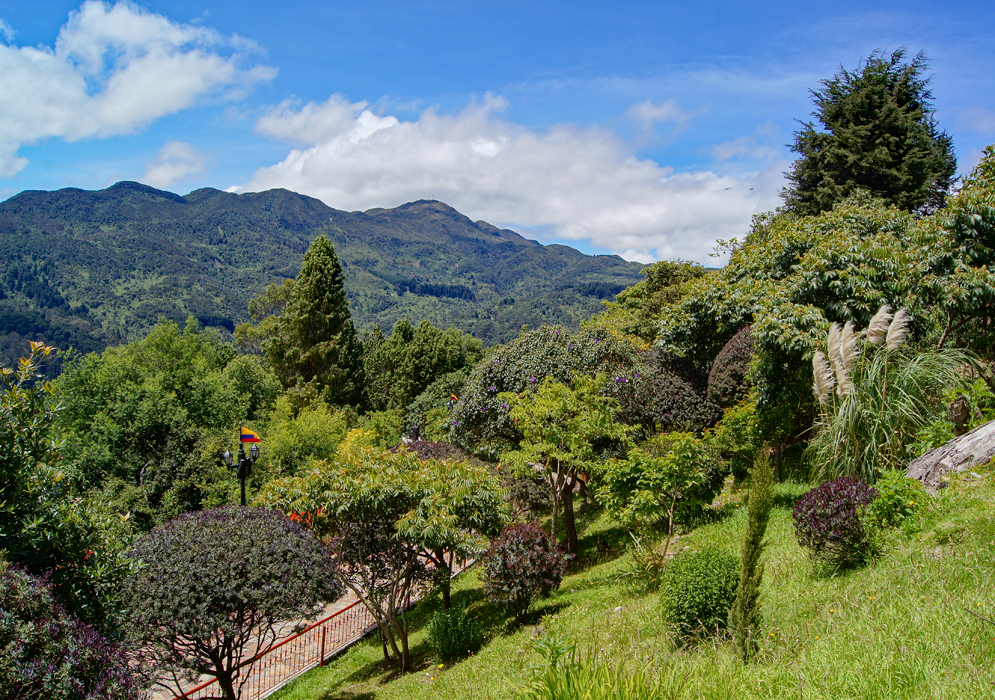 Garden, walkway and the Andes on top of Cerro de Monserrate