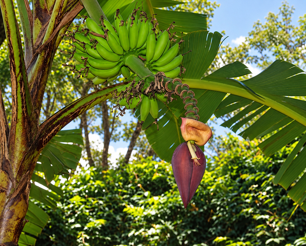 A handful of yellow dwarf bananas