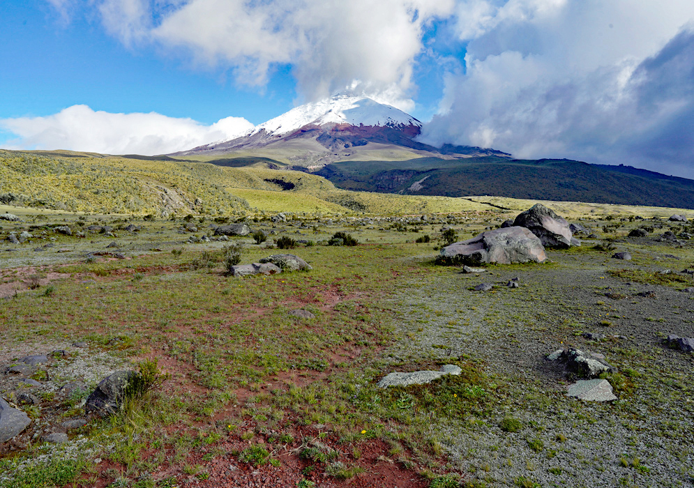 Glimpse of Cotopaxi in the Highlands Cotopaxi’s snowy summit peaks through the clouds above a barren, high-altitude plain in the national park