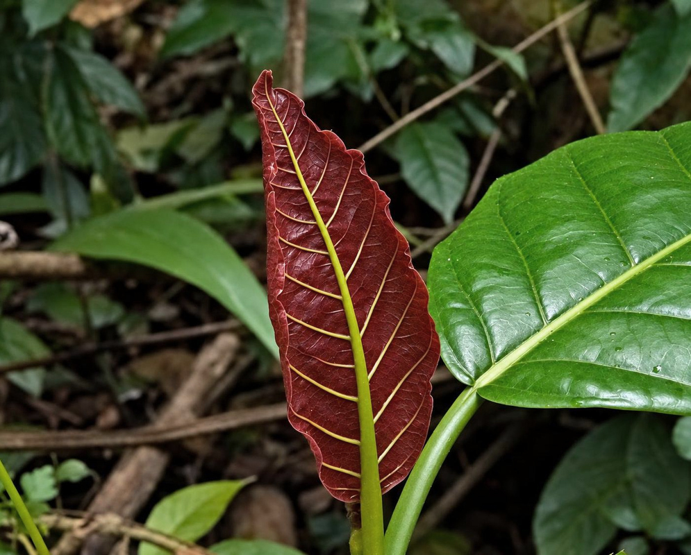 A young burgundy-brown Notopleura uliginosa leaf shows contrasting yellowish veins beside mature green foliage