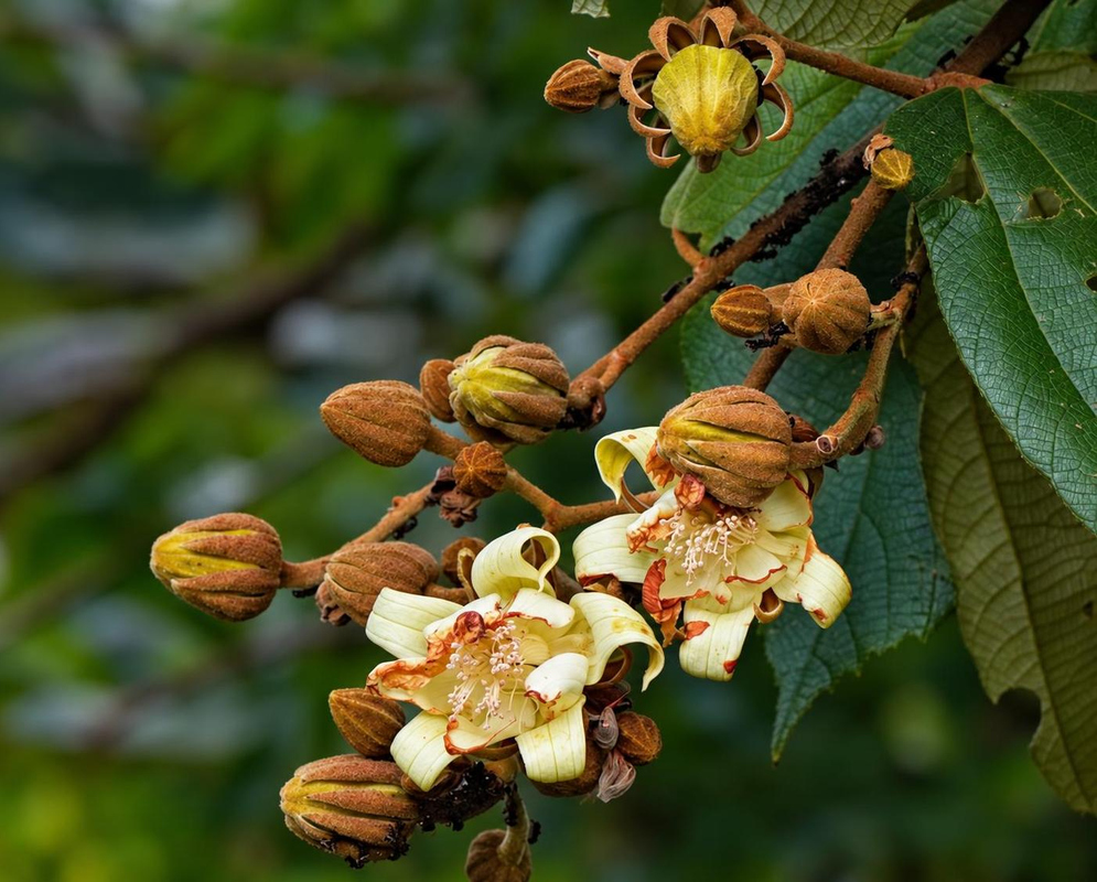 Ochroma pyramidale Flower Details Ochroma pyramidale has cream flowers and brown buds on leafy branch