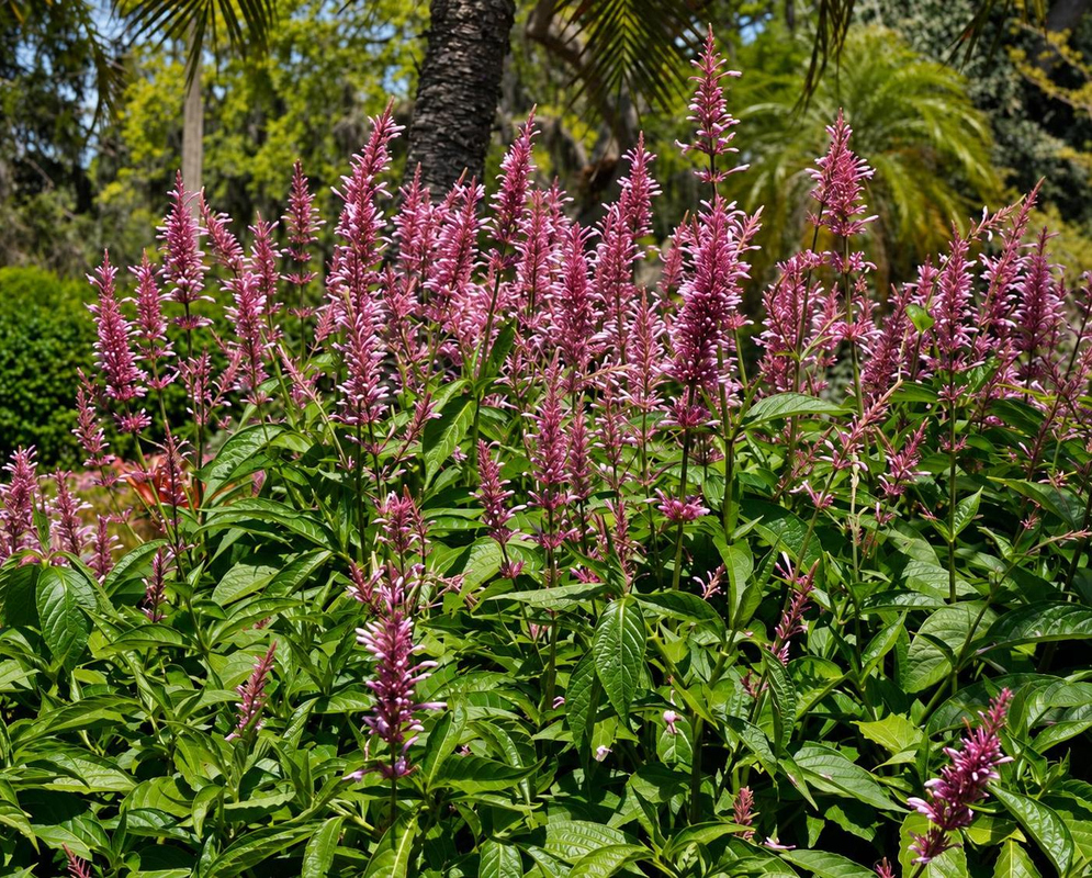 Odontonema callistachyum Flower Details Odontonema callistachyum has a pink flowering shrub in garden bed