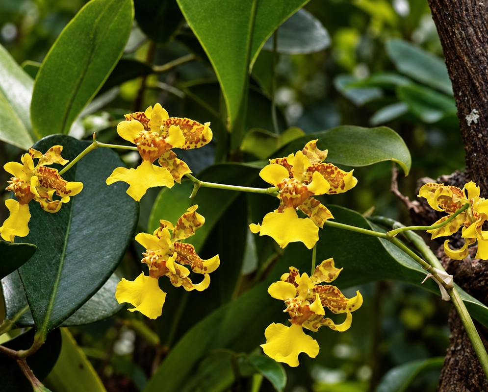 Oncidium auriferum has small yellow orchids on leafy branch