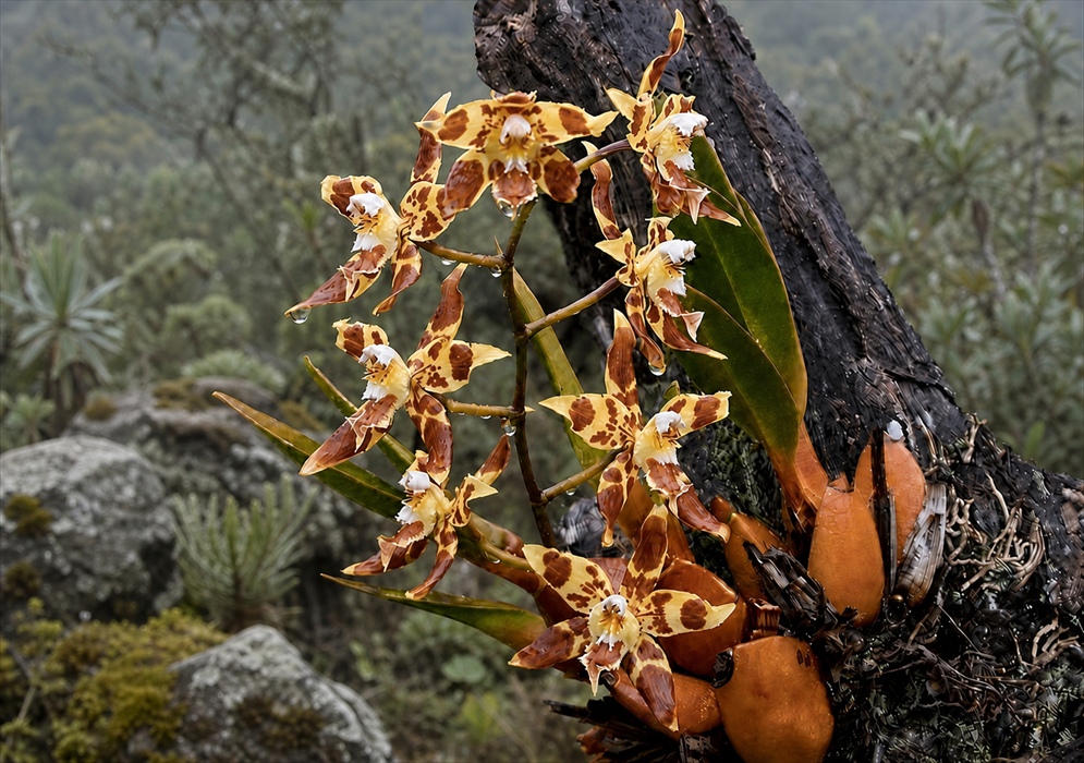 Oncidium sceptrum Orchid Flowers Yellow and brown Oncidium sceptrum orchid flowers growing on a tree trunk at 3,000 meters in Colombia