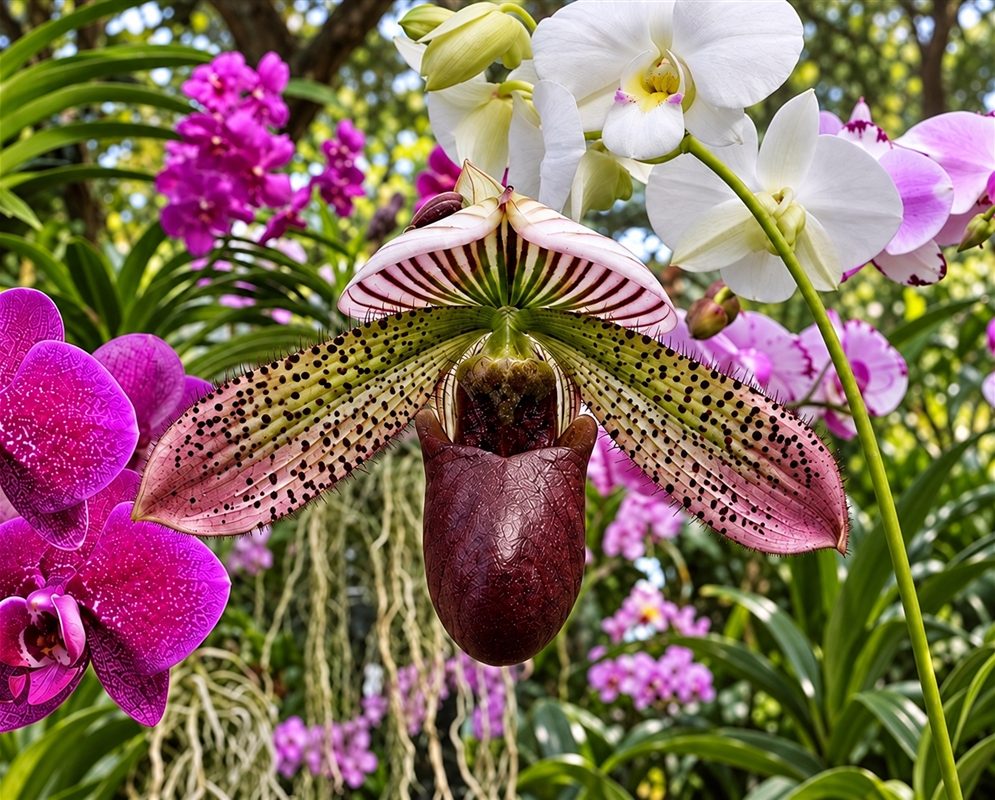 Paphiopedilum Odette's Glamor has pink spotted slipper orchid at flower display