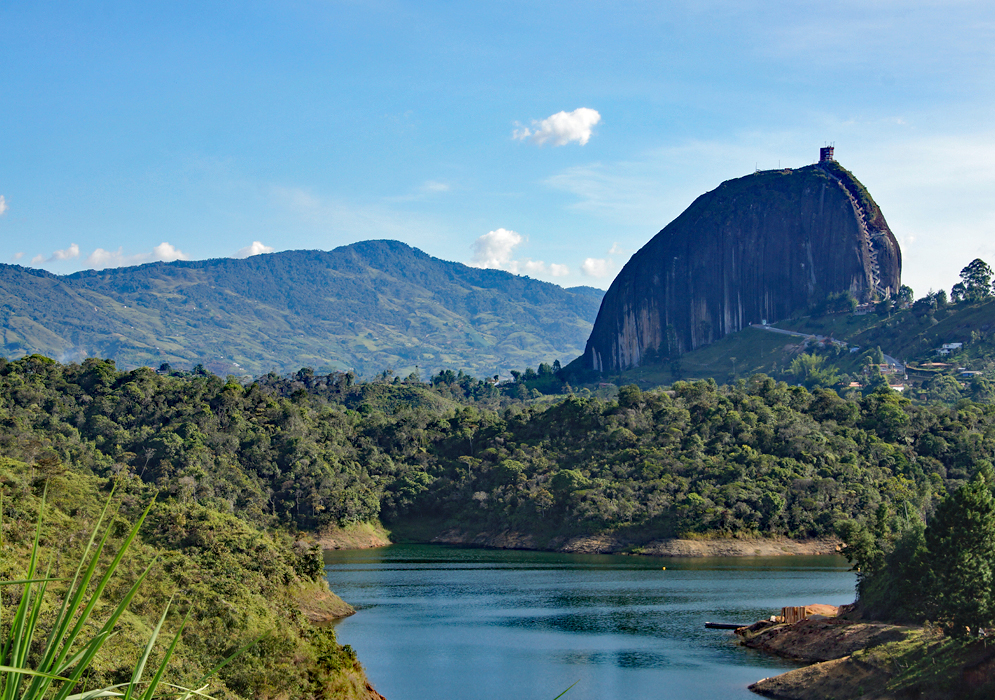 View to the Guatape lake with Peñon de Guatape in the background