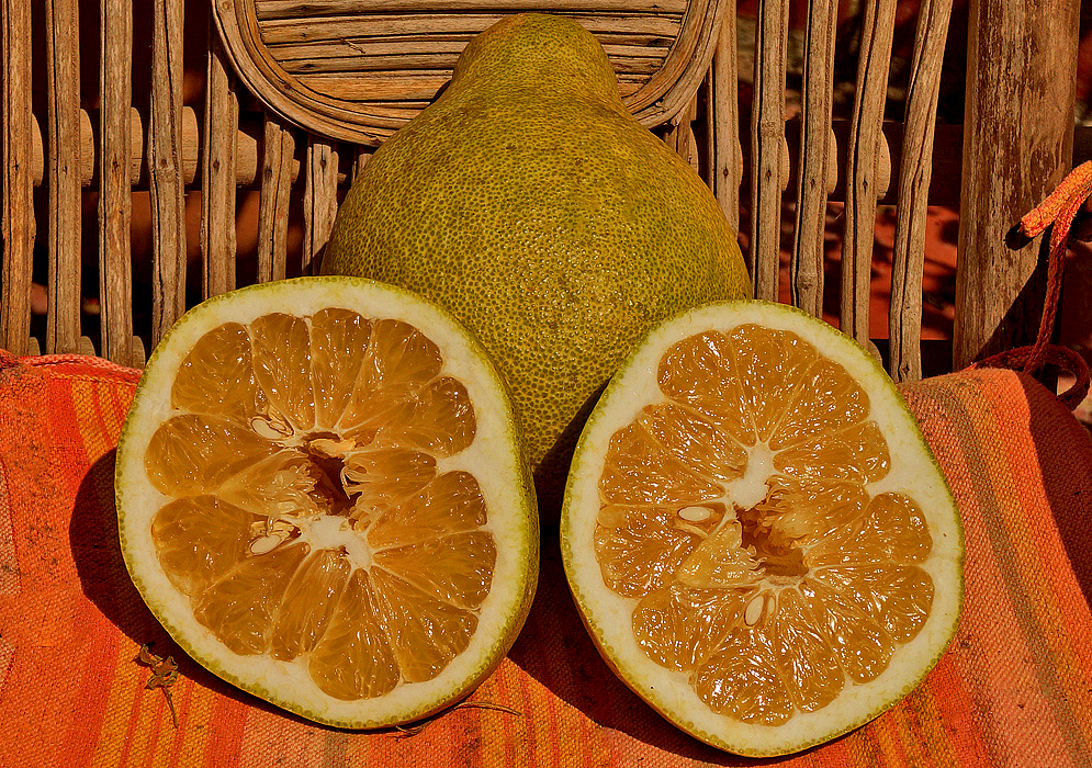 A halved pomelo with orange-yellow pulp in front of a dirty-yellow pomelo in sunlight