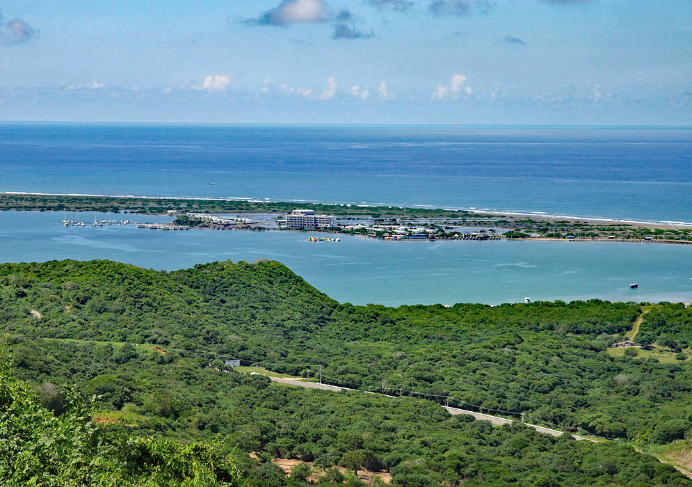 Puerto Velero's coastline viewed from up high on a hill