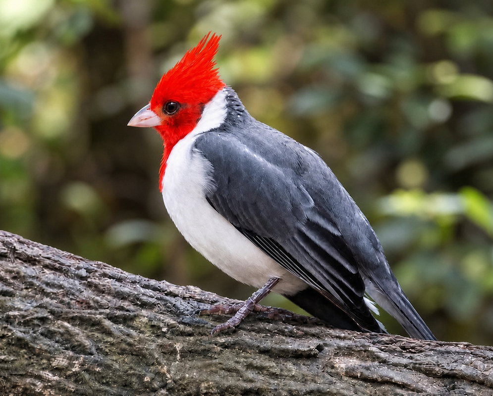 Red-crested Cardinal Paroaria coronata perched on a textured log with its red crest raised