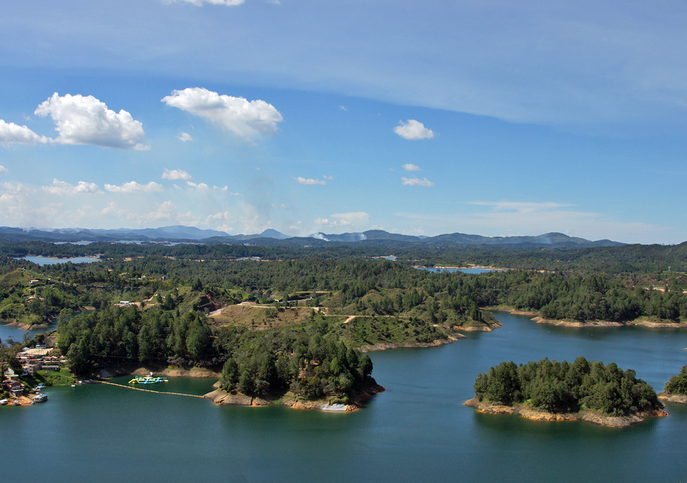 A view of the Guatape's lake that includes a small water playground