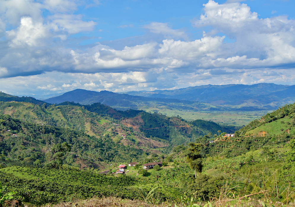 Farmland and mountains near the Valle de Risaralda in Colombia