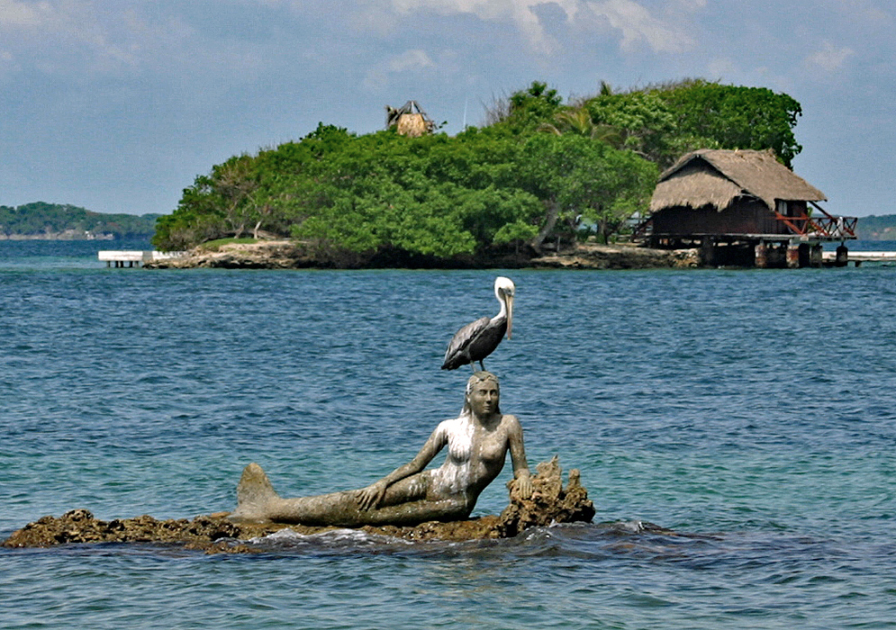 A mermaid statue on top of the corral reefs with a pelican on top