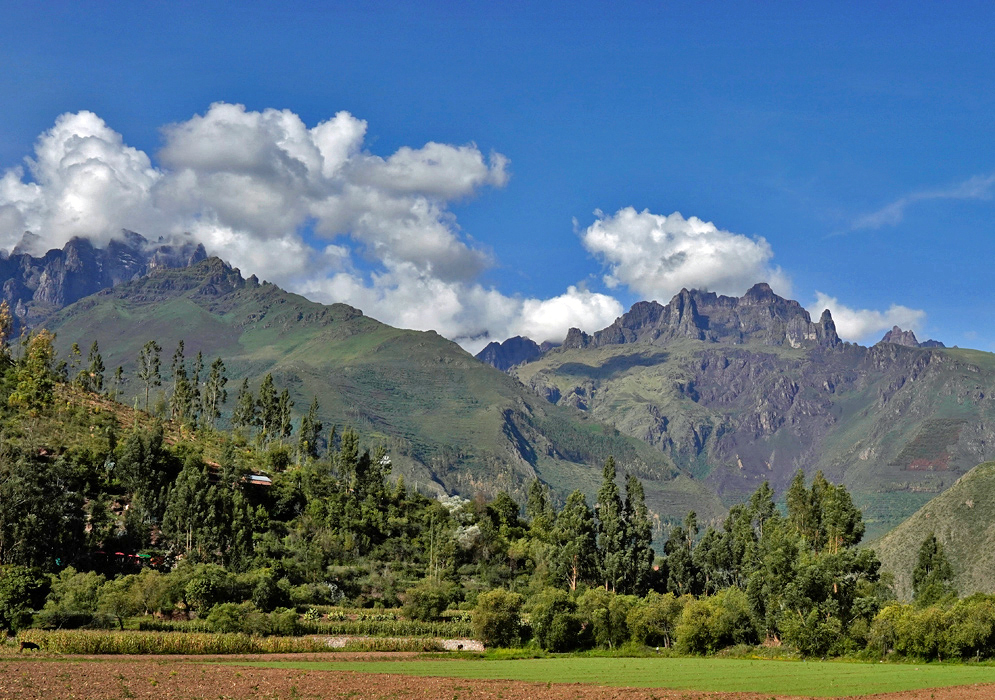 Lush green farmland and trees at the base of dark rocky Andes mountains in the Sacred Valley, with dramatic ridges and stone formations.