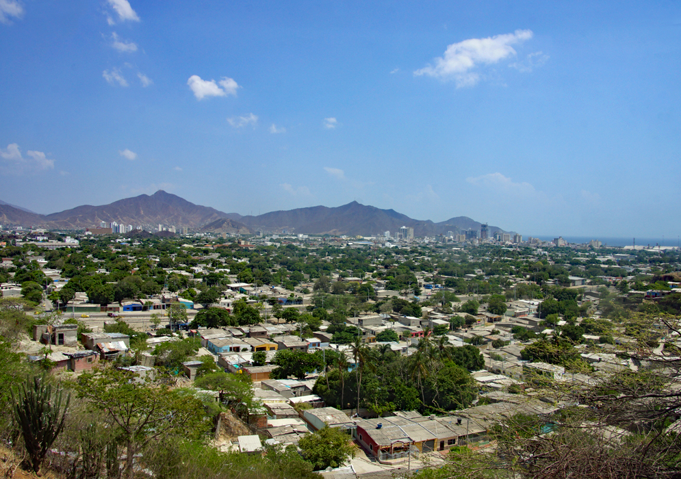 A vista of downtown Santa Marta with hills in the background