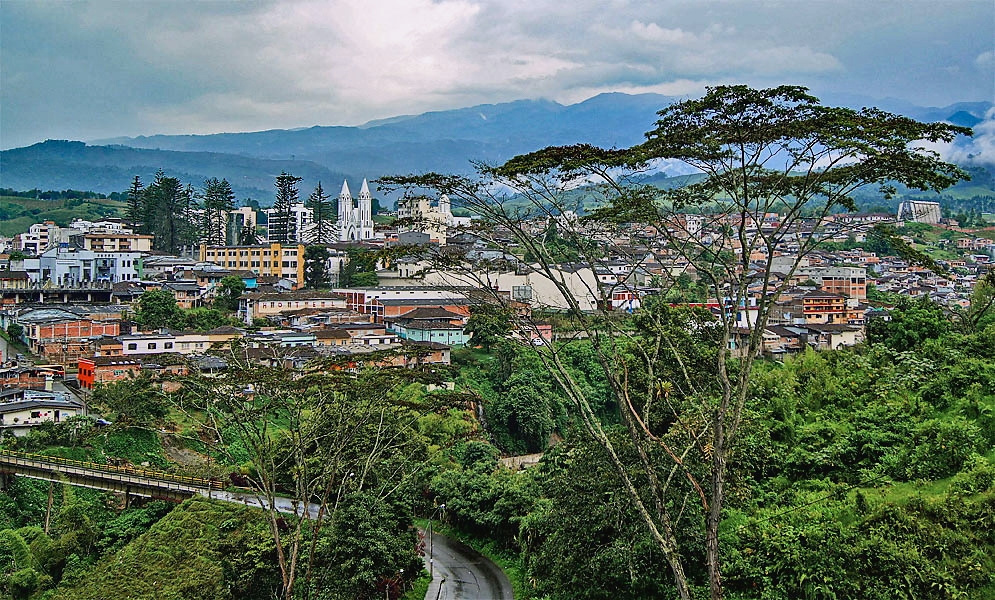 Santa Rosa Colombia Street and hillside view in Santa Rosa Colombia surrounded by green mountain scenery