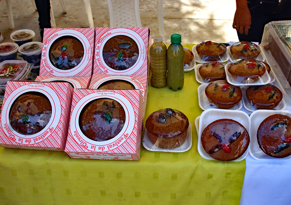 A table displaying Spondias purpurea cakes and juice