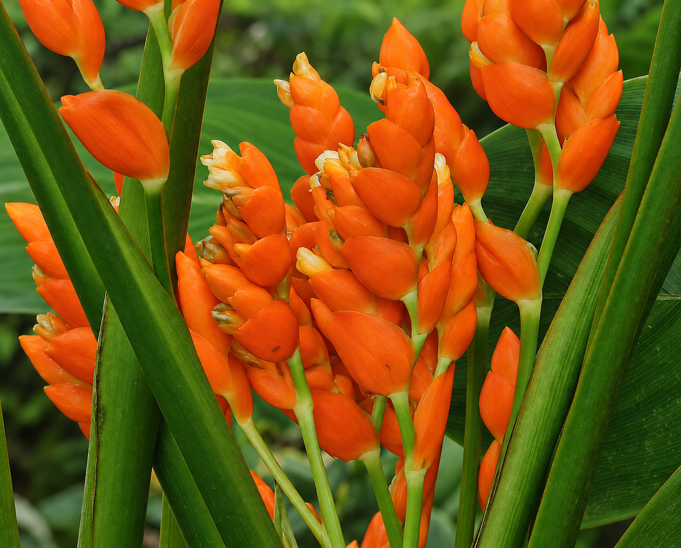 Stromanthe jacquinii upright orange bract clusters with small pale flowers among green leaves