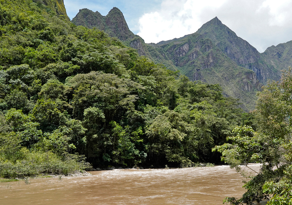 Urubamba River near Machu Picchu Dense tropical jungle and steep mountains rise behind the muddy Urubamba River flowing near Machu Picchu, Peru
