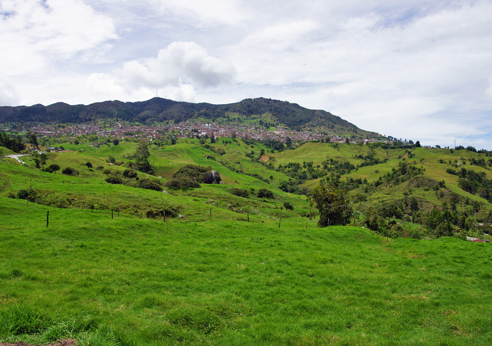 The town of Varumal with green pastureland in the foreground and mountains in the backdrop 